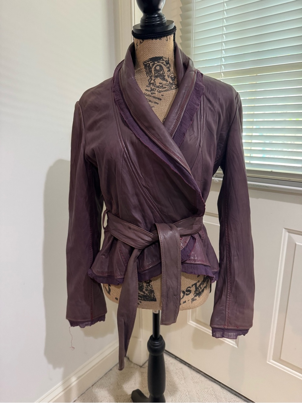 Alexander Julian Plum boho Wrap Leather Jacket with Tie Belt and lace trim sizeM